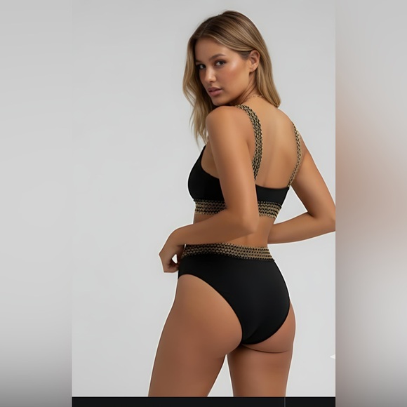 Gold Trim High Waisted 2pc Bikini Swimsuit Bathing Suit - Picture 4 of 6